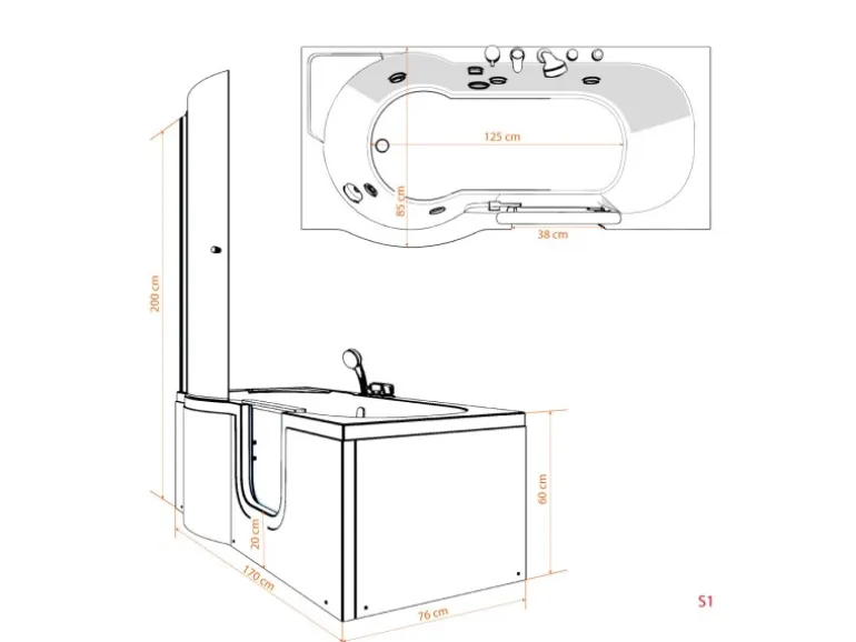 AcquaVapore Seniorendusche und Wanne mit Whirlpool S12D-TH-AIR-R-EC Dusche 85x17