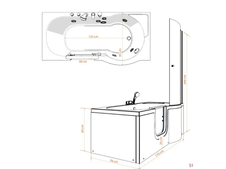 AcquaVapore Seniorendusche und Wanne mit Whirlpool S12D-TH-AIR-L Dusche 170x85