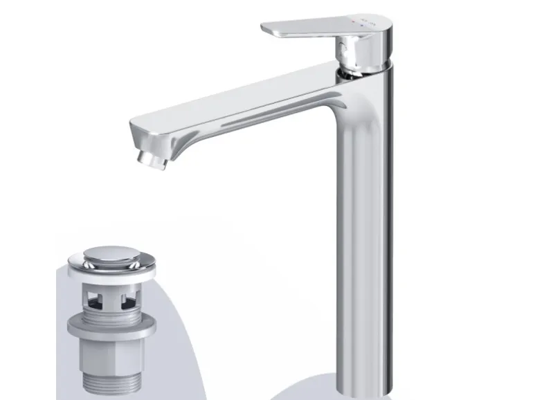 AM.PM Waschtischarmatur Hoch mit Klick-Ablaufgarnitur Hit Wasserhahn Bad, Mischbatterie FTA92200 Chrom