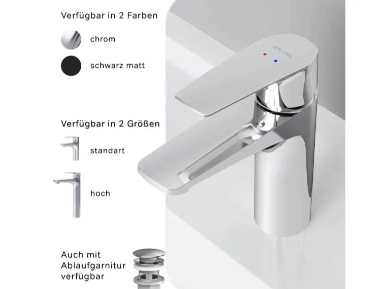 AM.PM Waschtischarmatur mit Klick-Ablaufgarnitur Gem Wasserhahn Bad, Mischbatterie FGA82100 Chrom