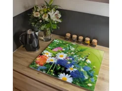 Banjado Herdabdeckplatte Glas 2 Teilig Je 30x52CM Schneidebrett Herdabdeckung Mit Motiv Blumenstrauß