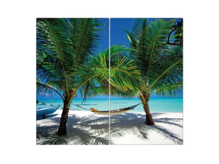Banjado Herdabdeckplatte Glas 2 Teilig Je 30x52CM Schneidebrett Herdabdeckung Mit Motiv Strand