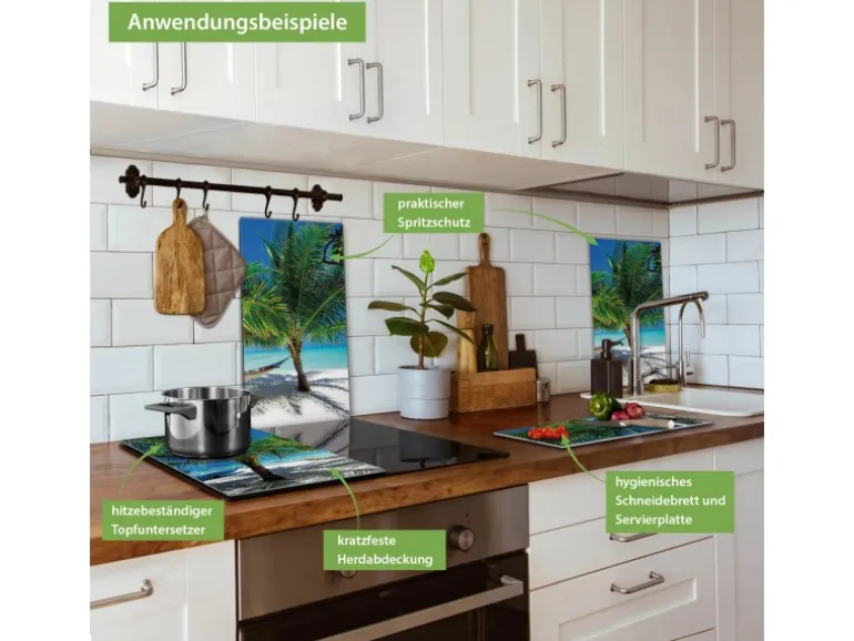 Banjado Herdabdeckplatte Glas 2 Teilig Je 30x52CM Schneidebrett Herdabdeckung Mit Motiv Strand