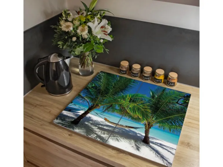 Banjado Herdabdeckplatte Glas 2 Teilig Je 30x52CM Schneidebrett Herdabdeckung Mit Motiv Strand