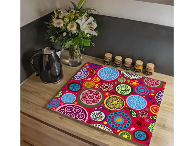 Banjado Herdabdeckplatte Glas 2 Teilig Je 30x52CM Schneidebrett Herdabdeckung Mit Motiv Retro Kreise