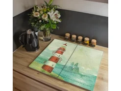 Banjado Herdabdeckplatte Glas 2 Teilig Je 30x52CM Schneidebrett Herdabdeckung Mit Motiv Alter Leuchtturm