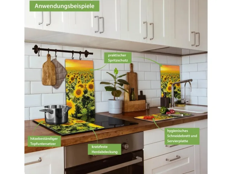 Banjado Herdabdeckplatte Glas 2 Teilig Je 30x52CM Schneidebrett Herdabdeckung Mit Motiv Sonnenblumenmeer