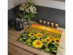 Banjado Herdabdeckplatte Glas 2 Teilig Je 30x52CM Schneidebrett Herdabdeckung Mit Motiv Sonnenblumenmeer