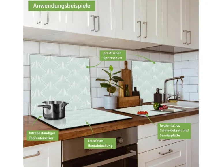 Banjado Herdabdeckplatte Glas 1 Teilig 60x52CM Schneidebrett Herdabdeckung Mit Motiv Strahlen Mint
