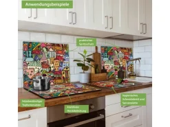 Banjado Herdabdeckplatte Glas 1 Teilig 60x52CM Schneidebrett Herdabdeckung Mit Motiv Funky Town