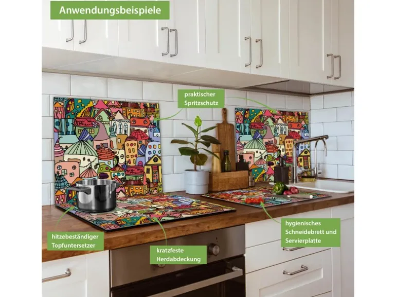 Banjado Herdabdeckplatte Glas 1 Teilig 60x52CM Schneidebrett Herdabdeckung Mit Motiv Funky Town