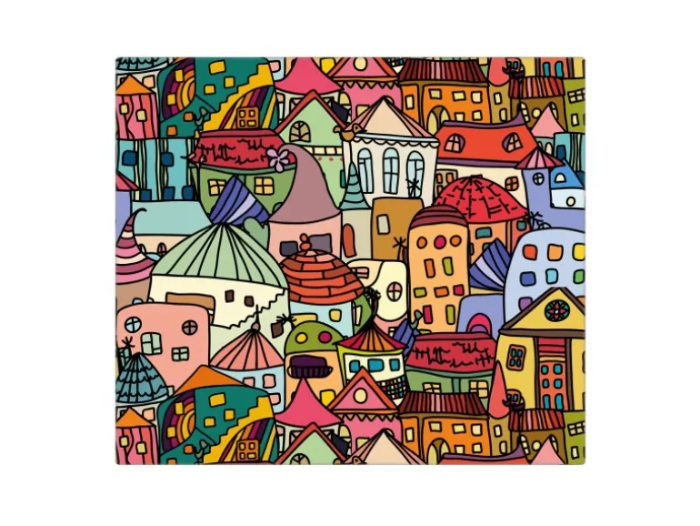 Banjado Herdabdeckplatte Glas 1 Teilig 60x52CM Schneidebrett Herdabdeckung Mit Motiv Funky Town