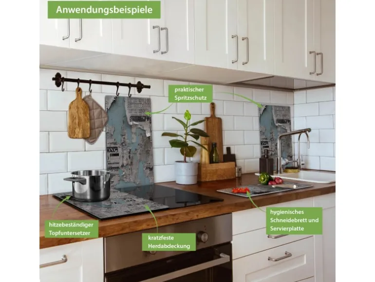 Banjado Herdabdeckplatte Glas 2 Teilig Je 30x52CM Schneidebrett Herdabdeckung Mit Motiv Wand Mit Zeitungen