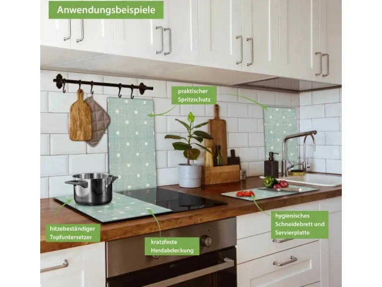 Banjado Herdabdeckplatte Glas 2 Teilig Je 30x52CM Schneidebrett Herdabdeckung Mit Motiv Punkte Lindgrün
