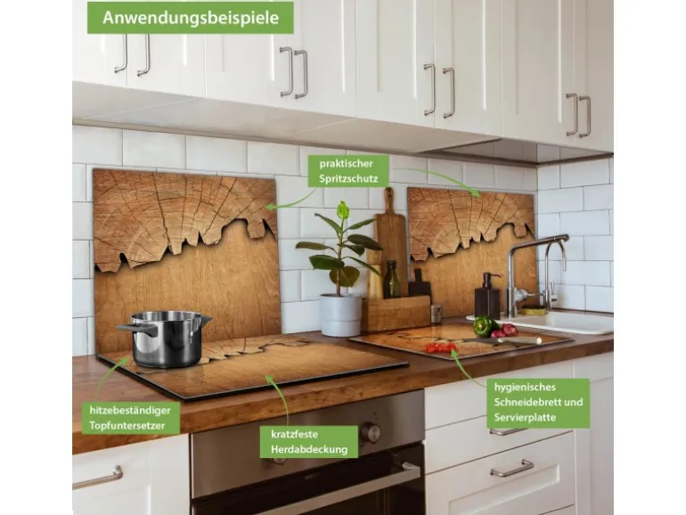Banjado Herdabdeckplatte Glas 1 Teilig 60x52CM Schneidebrett Herdabdeckung Mit Motiv Holz