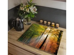 Banjado Herdabdeckplatte Glas 2 Teilig Je 30x52CM Schneidebrett Herdabdeckung Mit Motiv Herbstwald