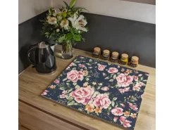 Banjado Herdabdeckplatte Glas 2 Teilig Je 30x52CM Schneidebrett Herdabdeckung Mit Motiv Rosen Auf Anthrazit