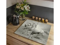 Banjado Herdabdeckplatte Glas 2 Teilig Je 30x52CM Schneidebrett Herdabdeckung Mit Motiv Wilde Pferde Sw
