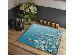 Banjado Herdabdeckplatte Glas 1 Teilig 60x52CM Schneidebrett Herdabdeckung Mit Motiv Weiße Kirschblüten