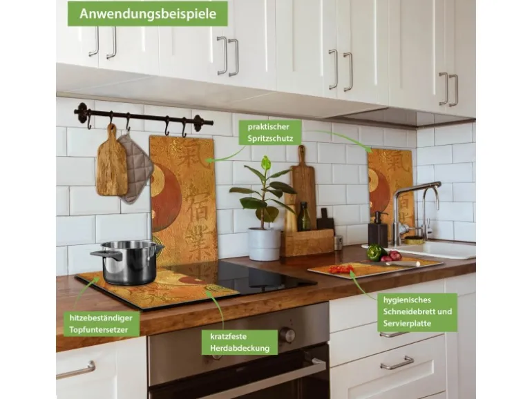 Banjado Herdabdeckplatte Glas 2 Teilig Je 30x52CM Schneidebrett Herdabdeckung Mit Motiv Yin Yang