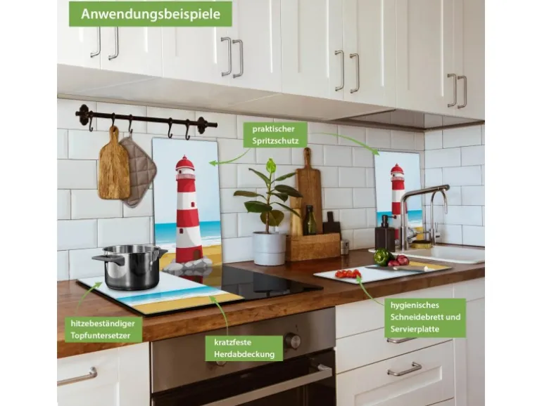 Banjado Herdabdeckplatte Glas 2 Teilig Je 30x52CM Schneidebrett Herdabdeckung Mit Motiv Leuchtturm Illustration
