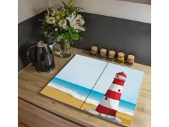 Banjado Herdabdeckplatte Glas 2 Teilig Je 30x52CM Schneidebrett Herdabdeckung Mit Motiv Leuchtturm Illustration