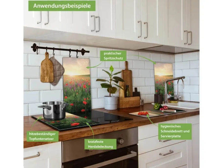 Banjado Herdabdeckplatte Glas 2 Teilig Je 30x52CM Schneidebrett Herdabdeckung Mit Motiv Sommerfeld