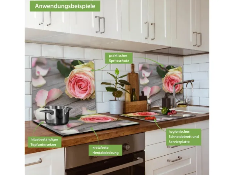 Banjado Herdabdeckplatte Glas 1 Teilig 60x52CM Schneidebrett Herdabdeckung Mit Motiv Rosa Rose