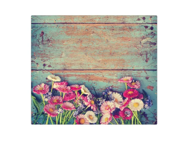 Banjado Herdabdeckplatte Glas 1 Teilig 60x52CM Schneidebrett Herdabdeckung Mit Motiv Blumenpfücken