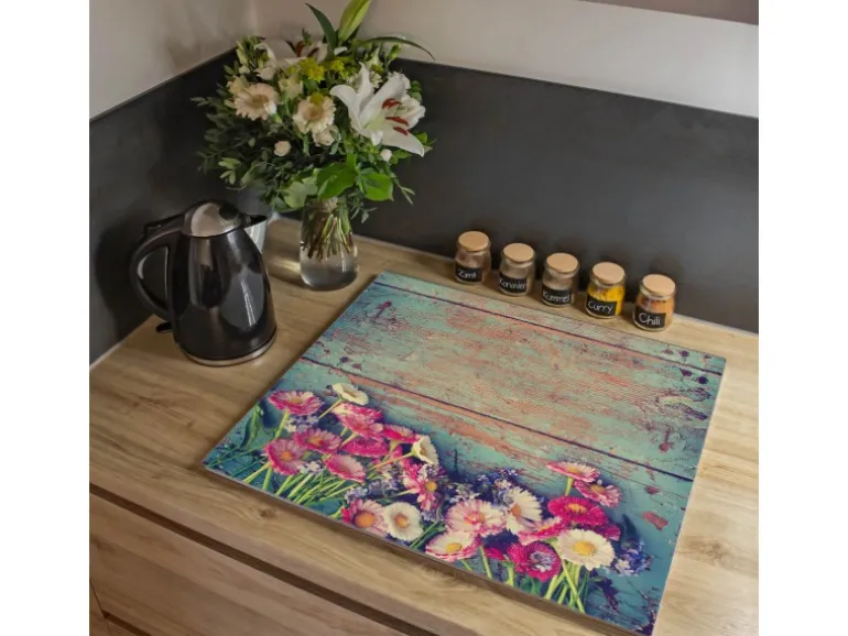 Banjado Herdabdeckplatte Glas 1 Teilig 60x52CM Schneidebrett Herdabdeckung Mit Motiv Blumenpfücken