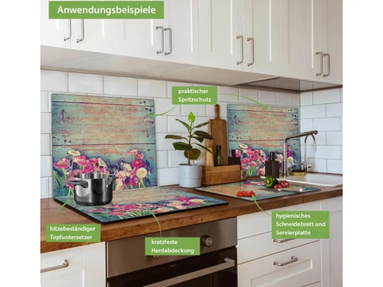 Banjado Herdabdeckplatte Glas 1 Teilig 60x52CM Schneidebrett Herdabdeckung Mit Motiv Blumenpfücken