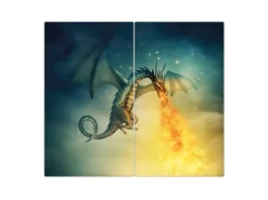Banjado Herdabdeckplatte Glas 2 Teilig Je 30x52CM Schneidebrett Herdabdeckung Mit Motiv Drachen