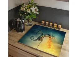 Banjado Herdabdeckplatte Glas 2 Teilig Je 30x52CM Schneidebrett Herdabdeckung Mit Motiv Drachen