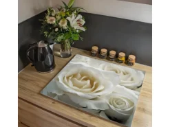 Banjado Herdabdeckplatte Glas 1 Teilig 60x52CM Schneidebrett Herdabdeckung Mit Motiv White Roses