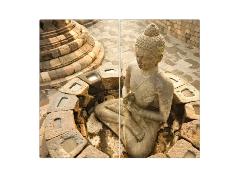 Banjado Herdabdeckplatte Glas 2 Teilig Je 30x52CM Schneidebrett Herdabdeckung Mit Motiv Sitzender Buddha