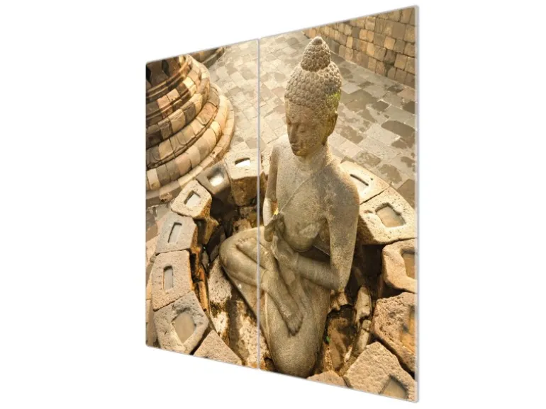 Banjado Herdabdeckplatte Glas 2 Teilig Je 30x52CM Schneidebrett Herdabdeckung Mit Motiv Sitzender Buddha