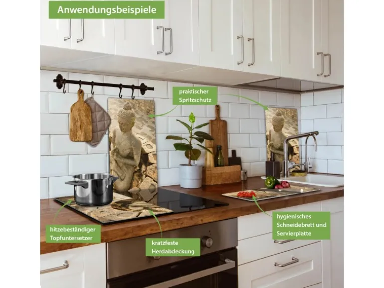 Banjado Herdabdeckplatte Glas 2 Teilig Je 30x52CM Schneidebrett Herdabdeckung Mit Motiv Sitzender Buddha