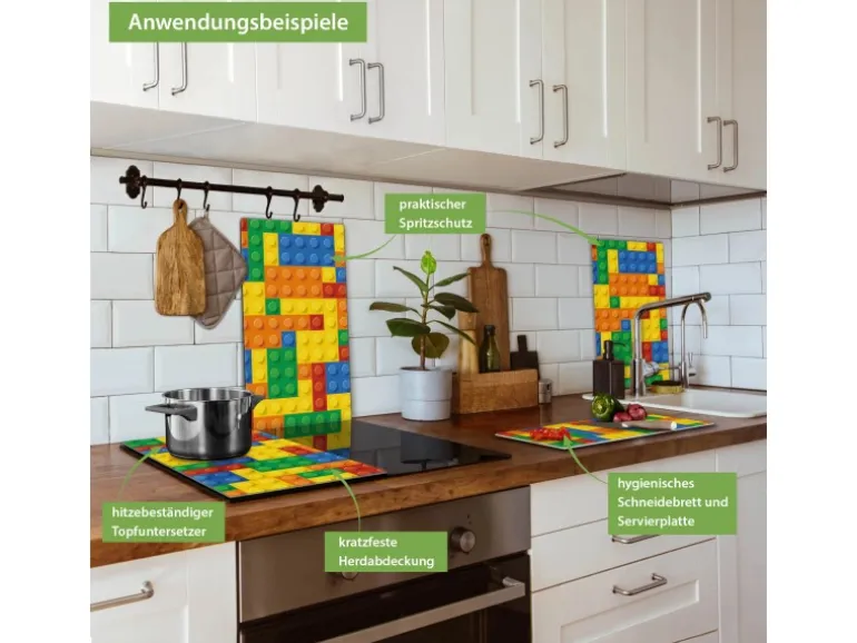 Banjado Herdabdeckplatte Glas 2 Teilig Je 30x52CM Schneidebrett Herdabdeckung Mit Motiv Bausteine