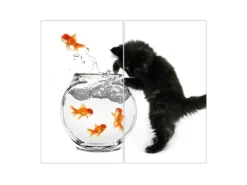 Banjado Herdabdeckplatte Glas 2 Teilig Je 30x52CM Schneidebrett Herdabdeckung Mit Motiv Katze Und Fisch