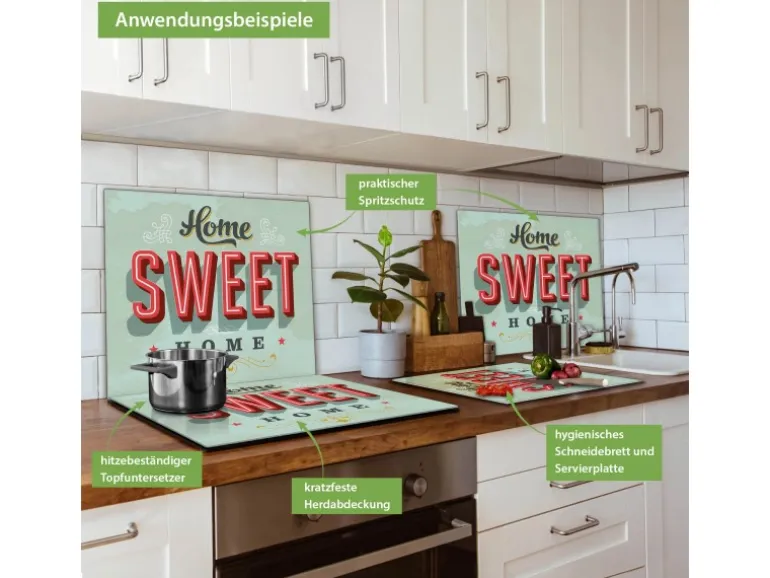 Banjado Herdabdeckplatte Glas 1 Teilig 60x52CM Schneidebrett Herdabdeckung Mit Motiv Home Sweet Home