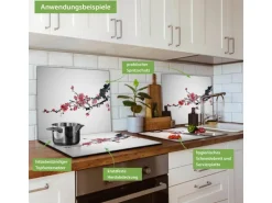 Banjado Herdabdeckplatte Glas 1 Teilig 60x52CM Schneidebrett Herdabdeckung Mit Motiv Japanische Blüten 2