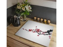 Banjado Herdabdeckplatte Glas 1 Teilig 60x52CM Schneidebrett Herdabdeckung Mit Motiv Japanische Blüten 2