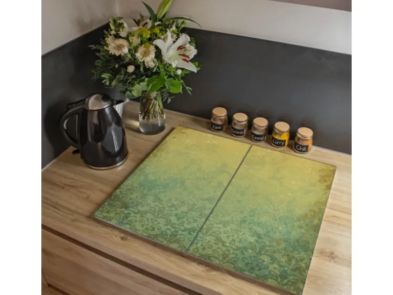 Banjado Herdabdeckplatte Glas 2 Teilig Je 30x52CM Schneidebrett Herdabdeckung Mit Motiv Vintage Messing