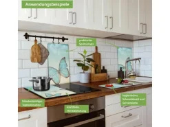 Banjado Herdabdeckplatte Glas 2 Teilig Je 30x52CM Schneidebrett Herdabdeckung Mit Motiv Blaue Schmetterlinge