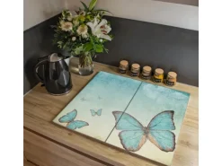 Banjado Herdabdeckplatte Glas 2 Teilig Je 30x52CM Schneidebrett Herdabdeckung Mit Motiv Blaue Schmetterlinge