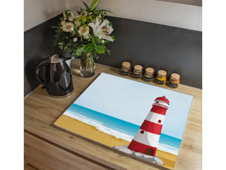 Banjado Herdabdeckplatte Glas 1 Teilig 60x52CM Schneidebrett Herdabdeckung Mit Motiv Leuchtturm Illustration