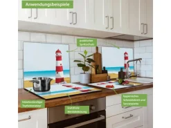 Banjado Herdabdeckplatte Glas 1 Teilig 60x52CM Schneidebrett Herdabdeckung Mit Motiv Leuchtturm Illustration