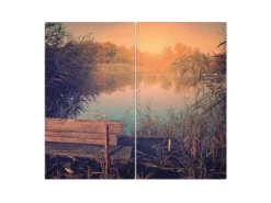 Banjado Herdabdeckplatte Glas 2 Teilig Je 30x52CM Schneidebrett Herdabdeckung Mit Motiv Bank Am See