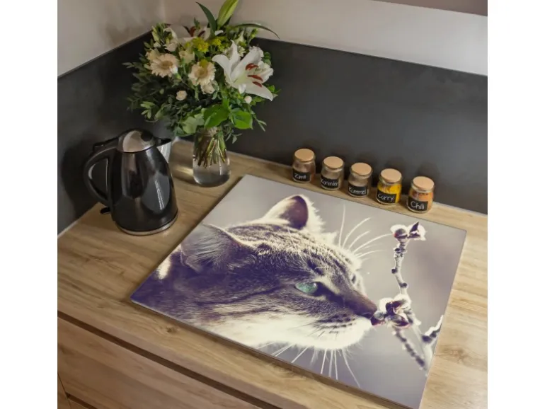 Banjado Herdabdeckplatte Glas 1 Teilig 60x52CM Schneidebrett Herdabdeckung Mit Motiv Weidenkätzchen