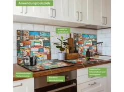 Banjado Herdabdeckplatte Glas 1 Teilig 60x52CM Schneidebrett Herdabdeckung Mit Motiv Bunte Holzschindeln